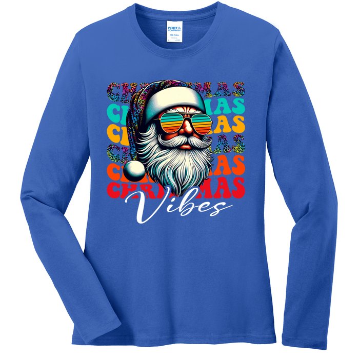 Merry Christmas Santa Face Retro Sunglasses Vintage Humor Gift Ladies Long Sleeve Shirt