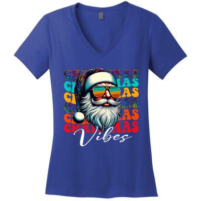 Merry Christmas Santa Face Retro Sunglasses Vintage Humor Gift Women's V-Neck T-Shirt