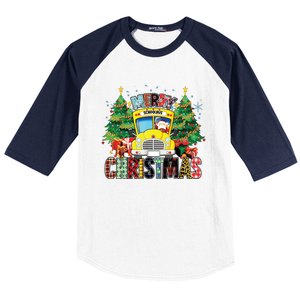 Merry Christmas School Bus Driver Santa Claus And Xmas Trees Baseball Sleeve Shirt