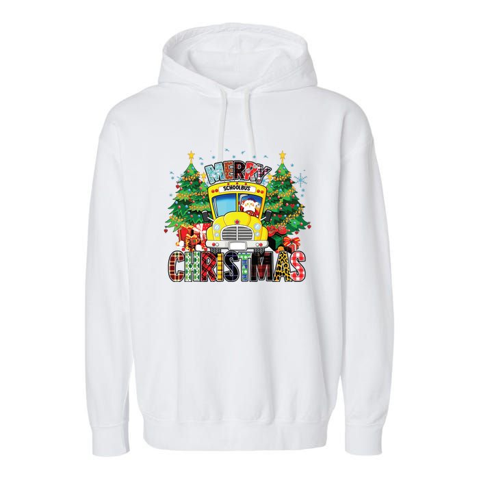 Merry Christmas School Bus Driver Santa Claus And Xmas Trees Garment-Dyed Fleece Hoodie