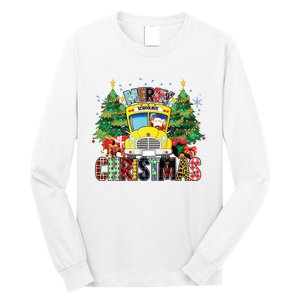 Merry Christmas School Bus Driver Santa Claus And Xmas Trees Long Sleeve Shirt