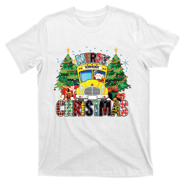 Merry Christmas School Bus Driver Santa Claus And Xmas Trees T-Shirt