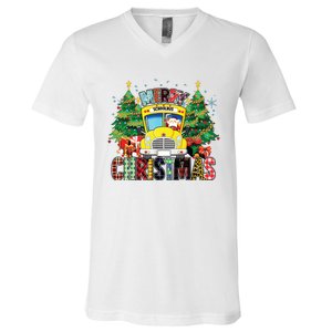 Merry Christmas School Bus Driver Santa Claus And Xmas Trees V-Neck T-Shirt