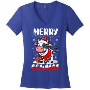 Merry Christmas Santa Cow Farmer Lover Family Colorful Cute Gift Women's V-Neck T-Shirt