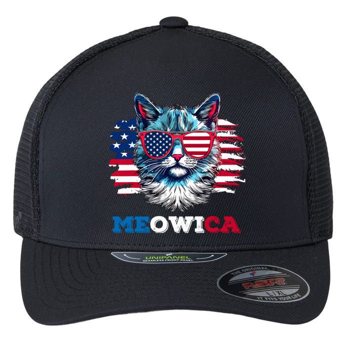 Meowica Cat Sunglasses American Flag Usa Cat 4th Of July Flexfit Unipanel Trucker Cap