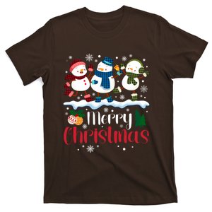 Merry Christmas Snowman Buffalo Plaid Xmas Tree Snowflakes T-Shirt