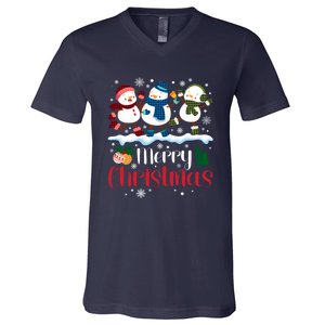 Merry Christmas Snowman Buffalo Plaid Xmas Tree Snowflakes V-Neck T-Shirt