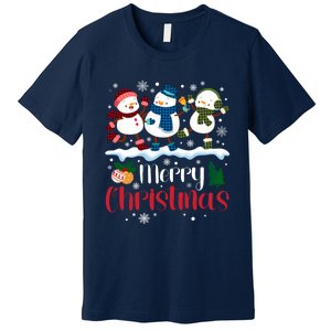 Merry Christmas Snowman Buffalo Plaid Xmas Tree Snowflakes Premium T-Shirt