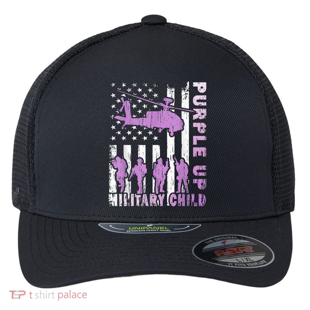 Military Child Shirt Purple Up American Flag Helicopter Kid Flexfit Unipanel Trucker Cap