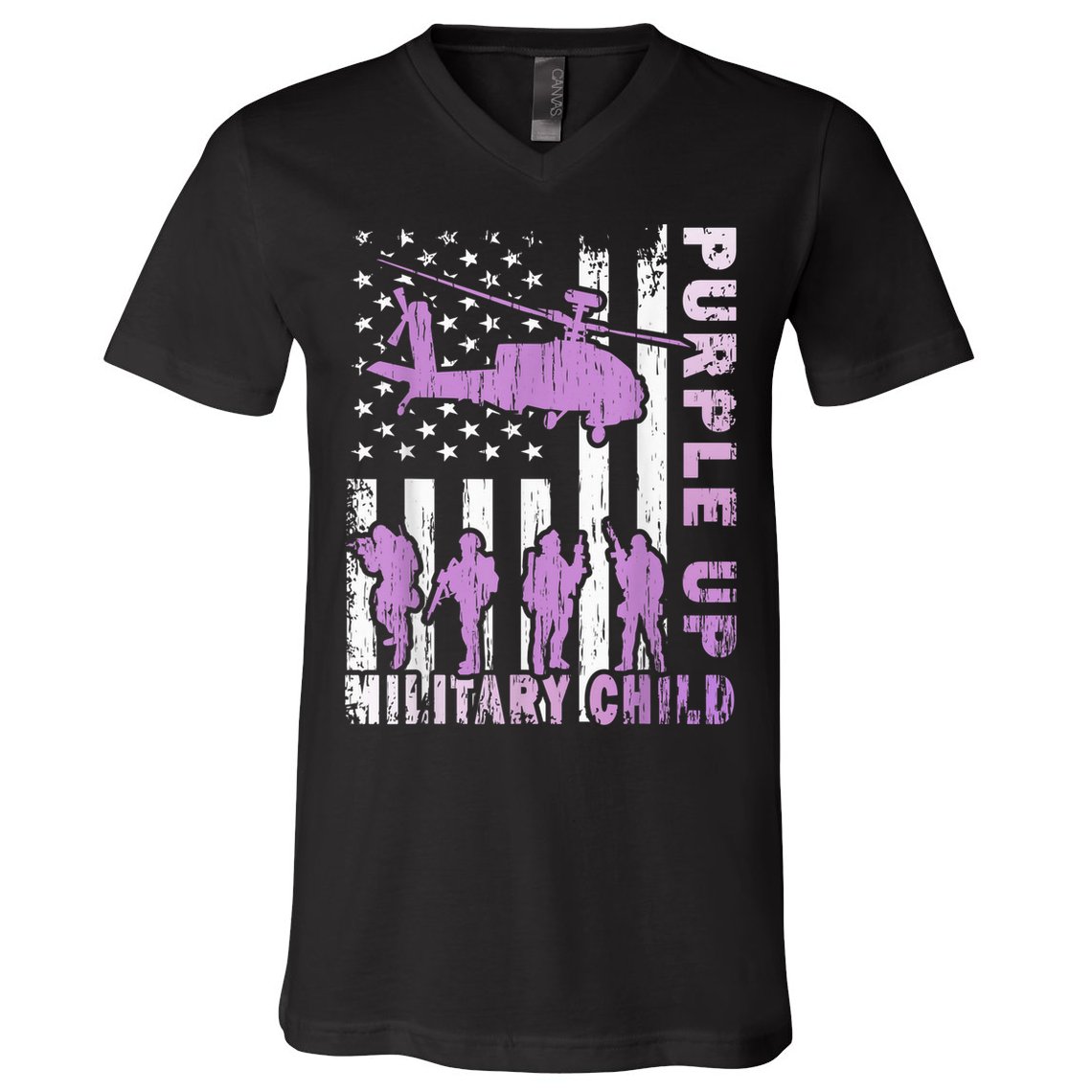 Military Child Shirt Purple Up American Flag Helicopter Kid V-Neck T-Shirt