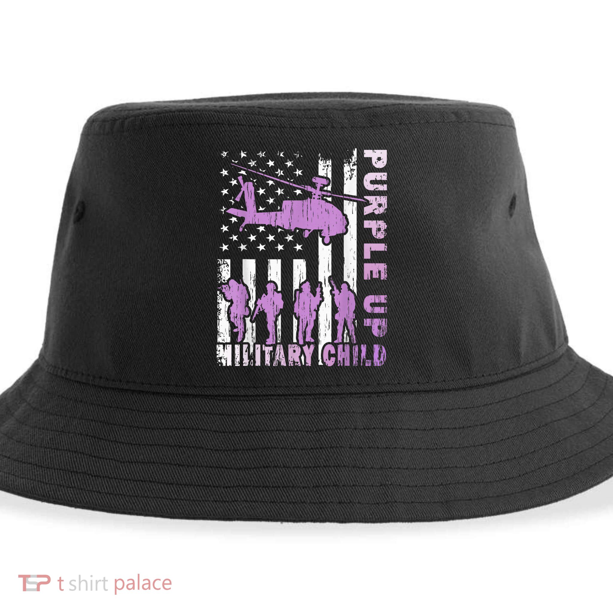 Military Child Shirt Purple Up American Flag Helicopter Kid Sustainable Bucket Hat