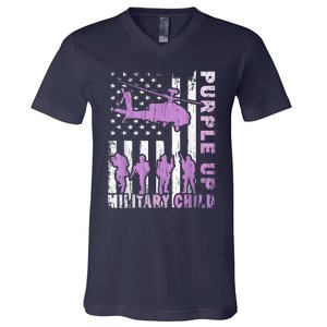 Military Child Shirt Purple Up American Flag Helicopter Kid V-Neck T-Shirt