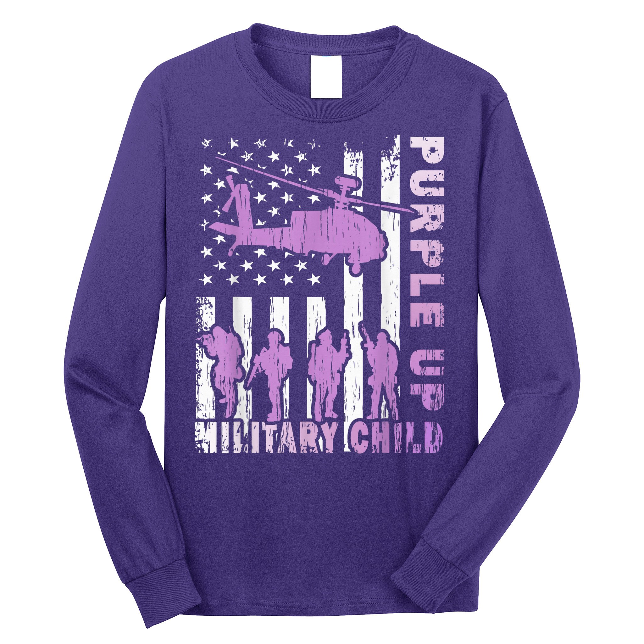 Military Child Shirt Purple Up American Flag Helicopter Kid Long Sleeve Shirt