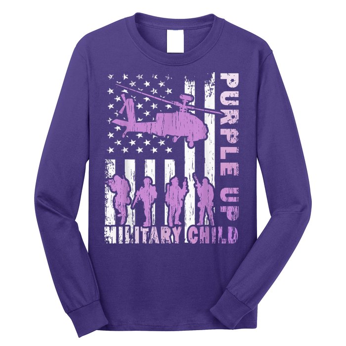 Military Child Shirt Purple Up American Flag Helicopter Kid Long Sleeve Shirt