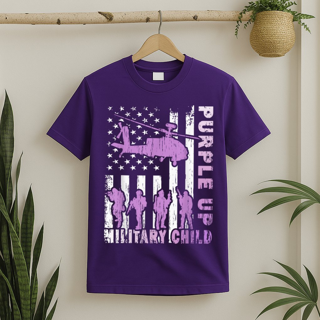 Military Child Shirt Purple Up American Flag Helicopter Kid T-Shirt