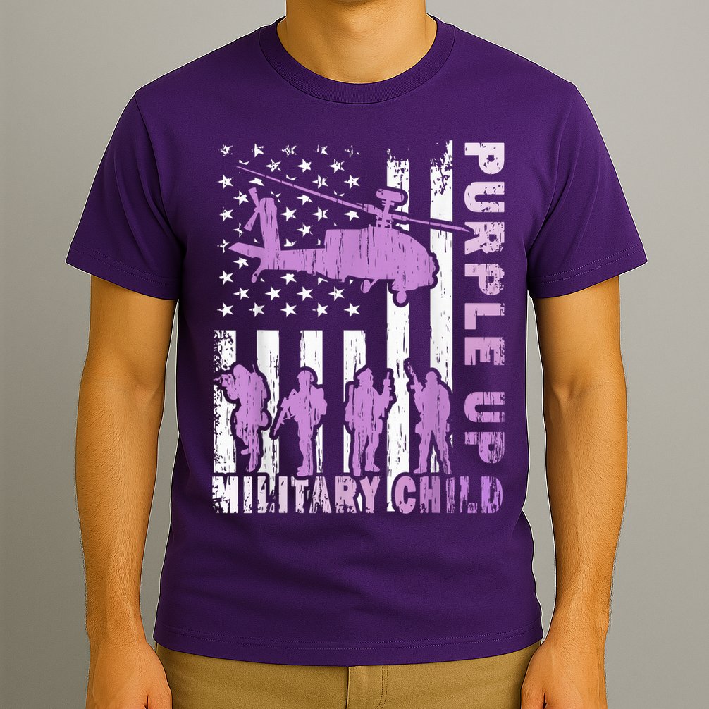 Military Child Shirt Purple Up American Flag Helicopter Kid T-Shirt