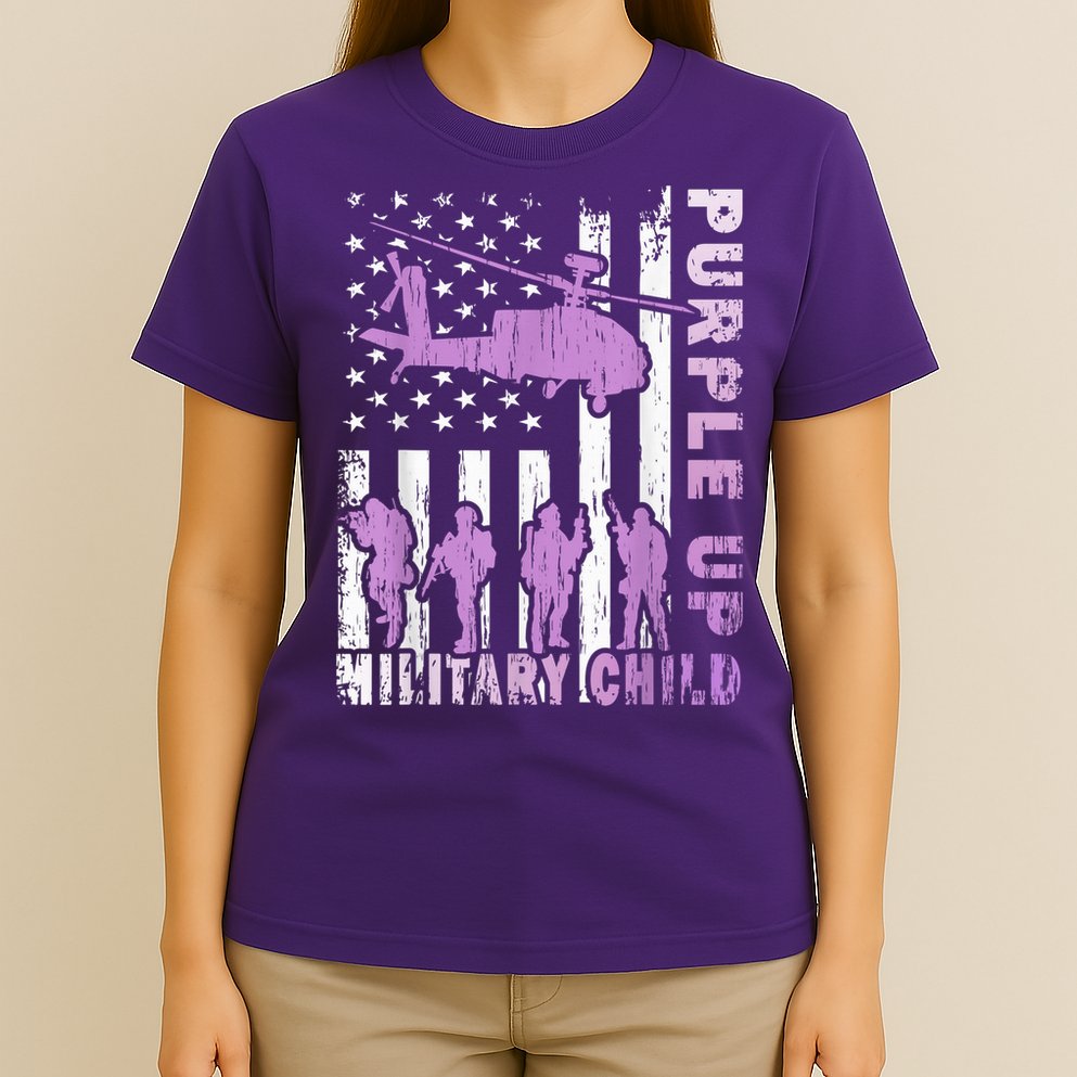 Military Child Shirt Purple Up American Flag Helicopter Kid T-Shirt