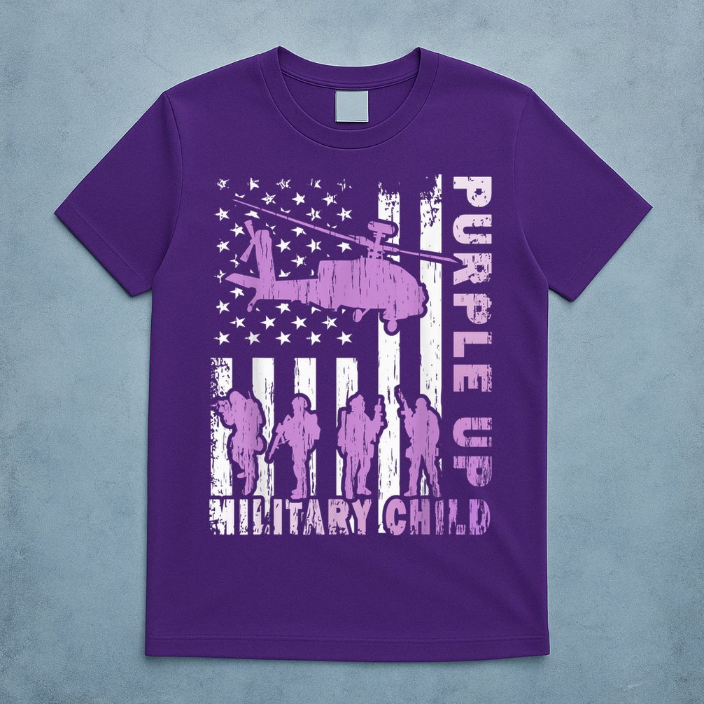 Military Child Shirt Purple Up American Flag Helicopter Kid T-Shirt