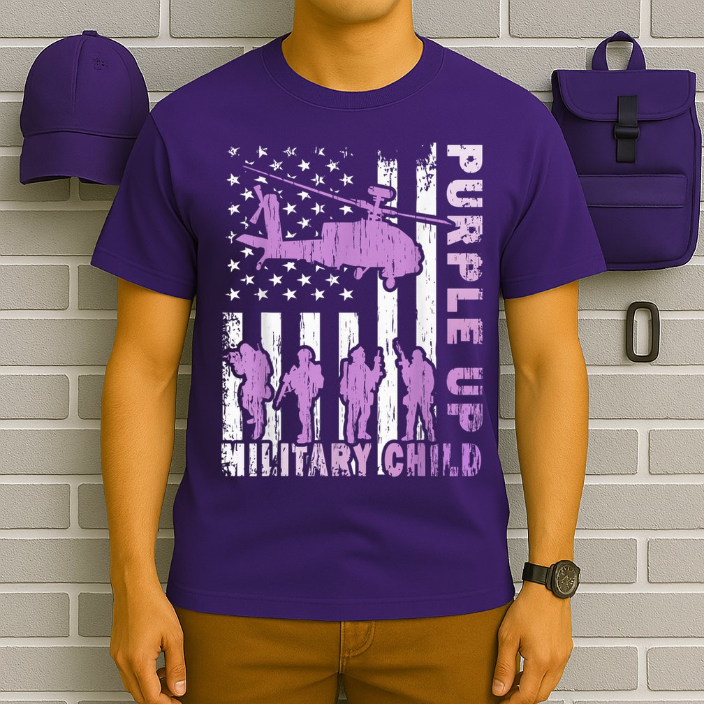 Military Child Shirt Purple Up American Flag Helicopter Kid T-Shirt