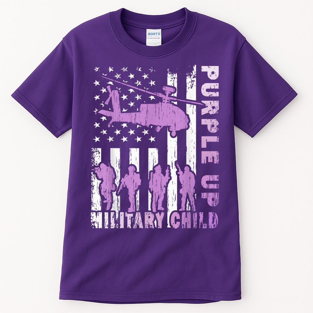 Military Child Shirt Purple Up American Flag Helicopter Kid Tall T-Shirt