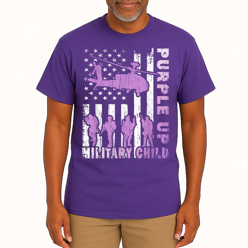 Military Child Shirt Purple Up American Flag Helicopter Kid Tall T-Shirt
