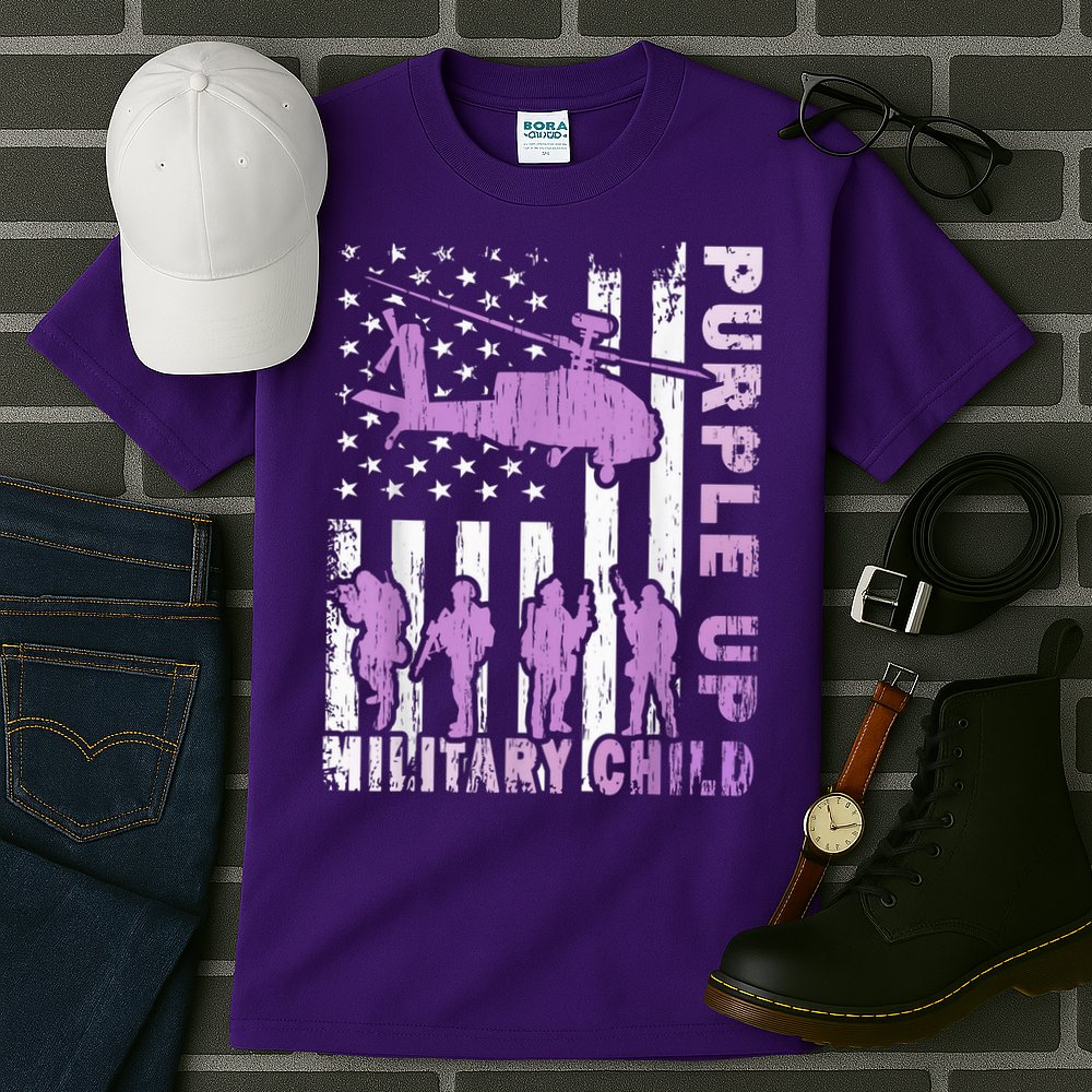 Military Child Shirt Purple Up American Flag Helicopter Kid Tall T-Shirt