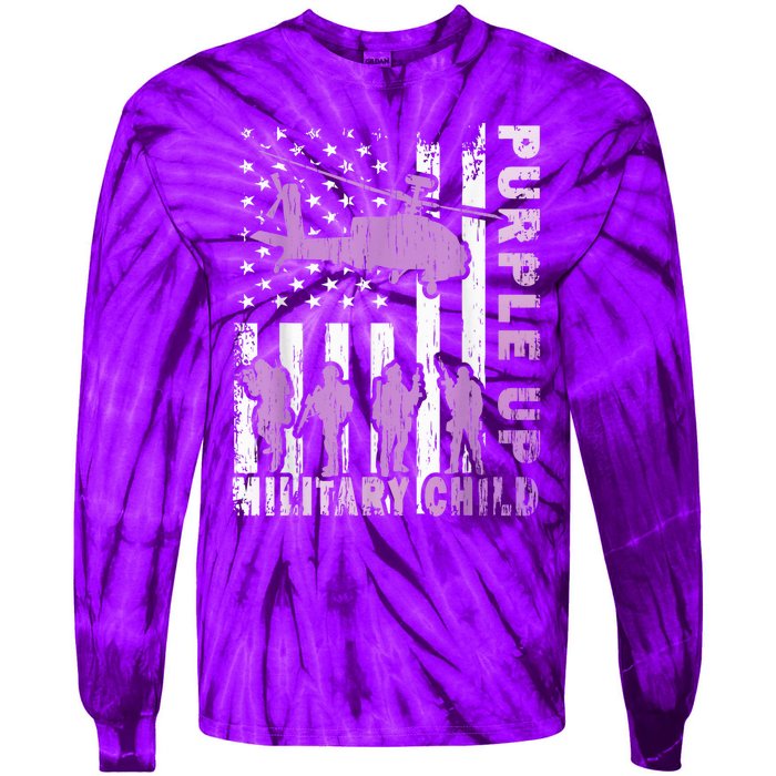 Military Child Shirt Purple Up American Flag Helicopter Kid Tie-Dye Long Sleeve Shirt