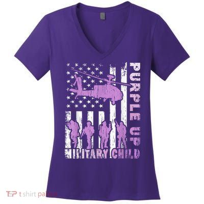Military Child Shirt Purple Up American Flag Helicopter Kid Women's V-Neck T-Shirt