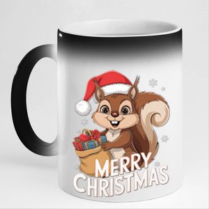 Merry Christmas Squirrel In Santa Hat With Presents Xmas 11oz Black Color Changing Mug