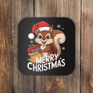 Merry Christmas Squirrel In Santa Hat With Presents Xmas Coaster