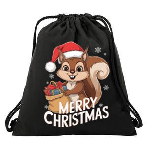 Merry Christmas Squirrel In Santa Hat With Presents Xmas Drawstring Bag