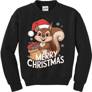 Merry Christmas Squirrel In Santa Hat With Presents Xmas Kids Sweatshirt