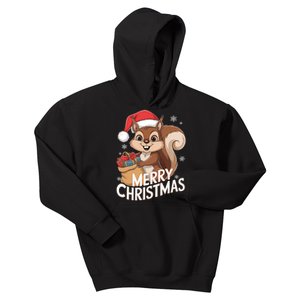 Merry Christmas Squirrel In Santa Hat With Presents Xmas Kids Hoodie