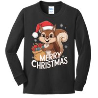 Merry Christmas Squirrel In Santa Hat With Presents Xmas Kids Long Sleeve Shirt