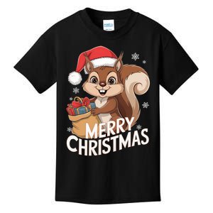 Merry Christmas Squirrel In Santa Hat With Presents Xmas Kids T-Shirt