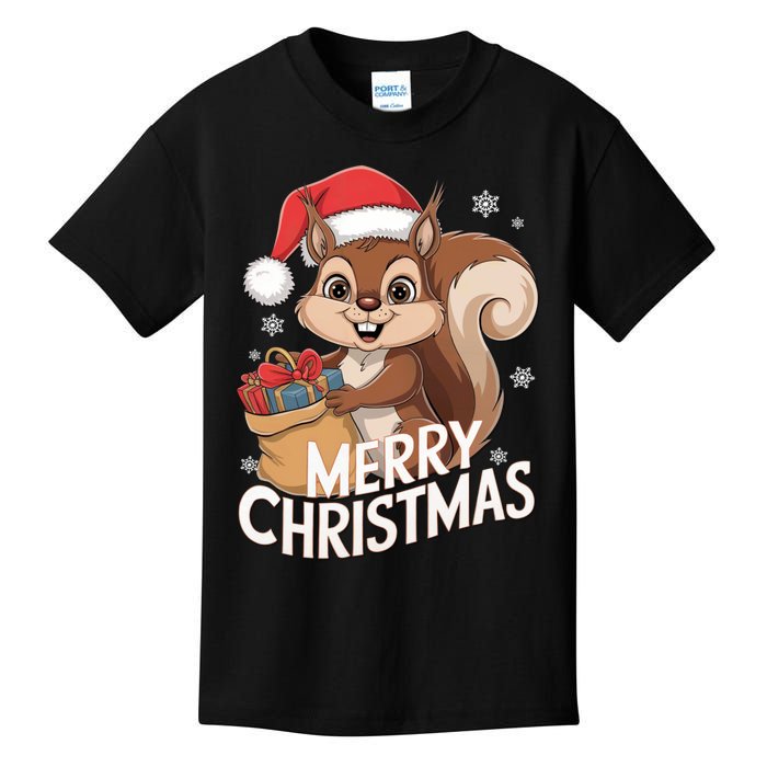 Merry Christmas Squirrel In Santa Hat With Presents Xmas Kids T-Shirt