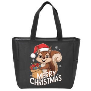 Merry Christmas Squirrel In Santa Hat With Presents Xmas Zip Tote Bag