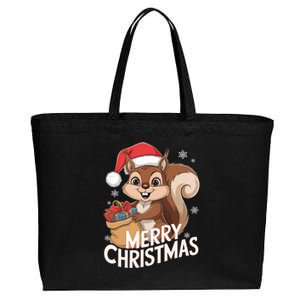 Merry Christmas Squirrel In Santa Hat With Presents Xmas Cotton Canvas Jumbo Tote