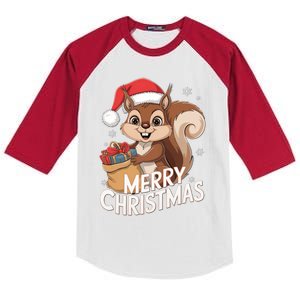 Merry Christmas Squirrel In Santa Hat With Presents Xmas Kids Colorblock Raglan Jersey