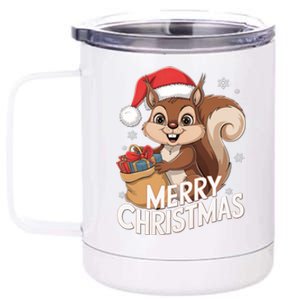 Merry Christmas Squirrel In Santa Hat With Presents Xmas 12 oz Stainless Steel Tumbler Cup