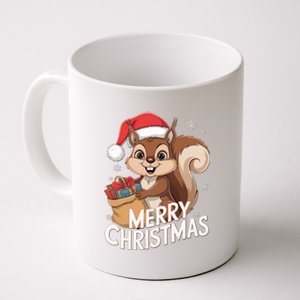 Merry Christmas Squirrel In Santa Hat With Presents Xmas Coffee Mug