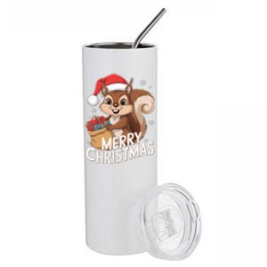 Merry Christmas Squirrel In Santa Hat With Presents Xmas Stainless Steel Tumbler