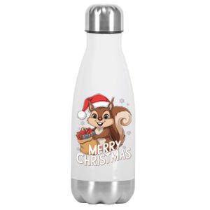 Merry Christmas Squirrel In Santa Hat With Presents Xmas Stainless Steel Insulated Water Bottle