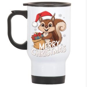 Merry Christmas Squirrel In Santa Hat With Presents Xmas Stainless Steel Travel Mug