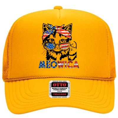 Meowica Cat Sunglasses American Flag 4th Of July Merica Usa High Crown Mesh Back Trucker Hat