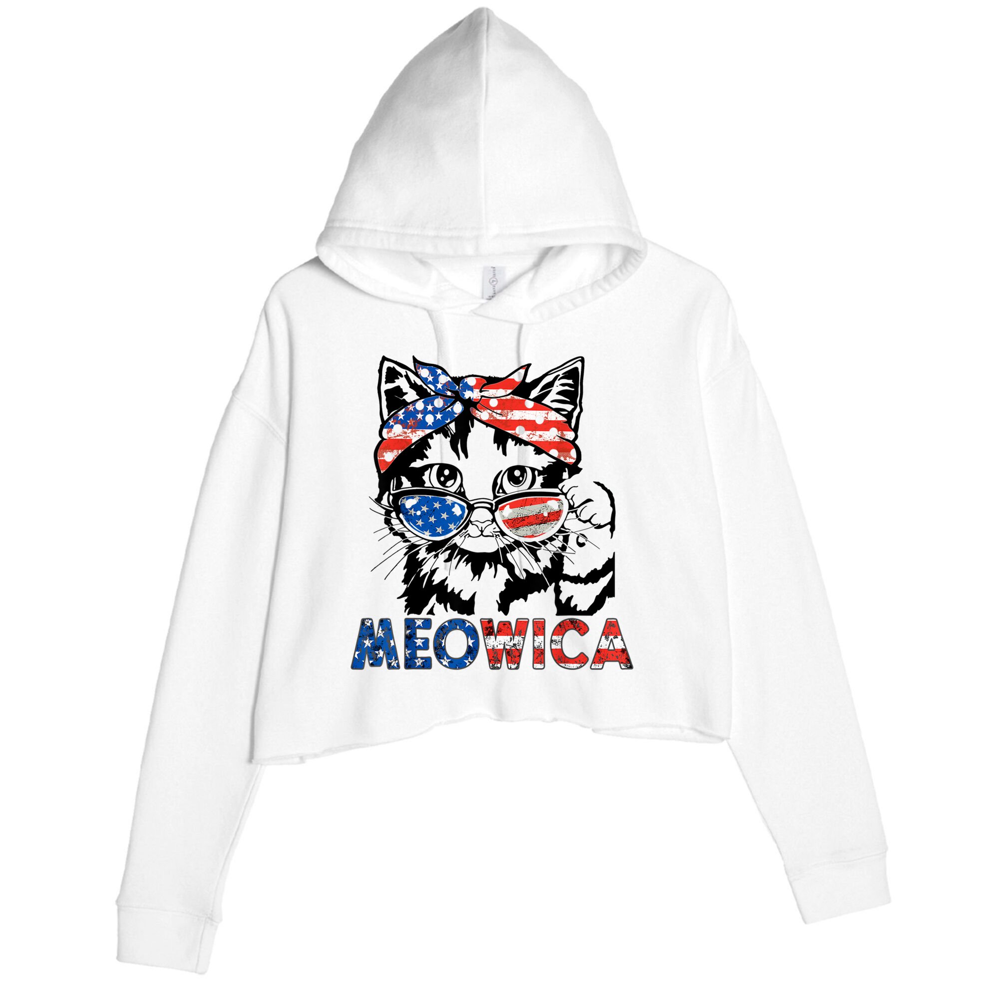 Meowica Cat Sunglasses American Flag 4th Of July Merica Usa Crop Fleece Hoodie