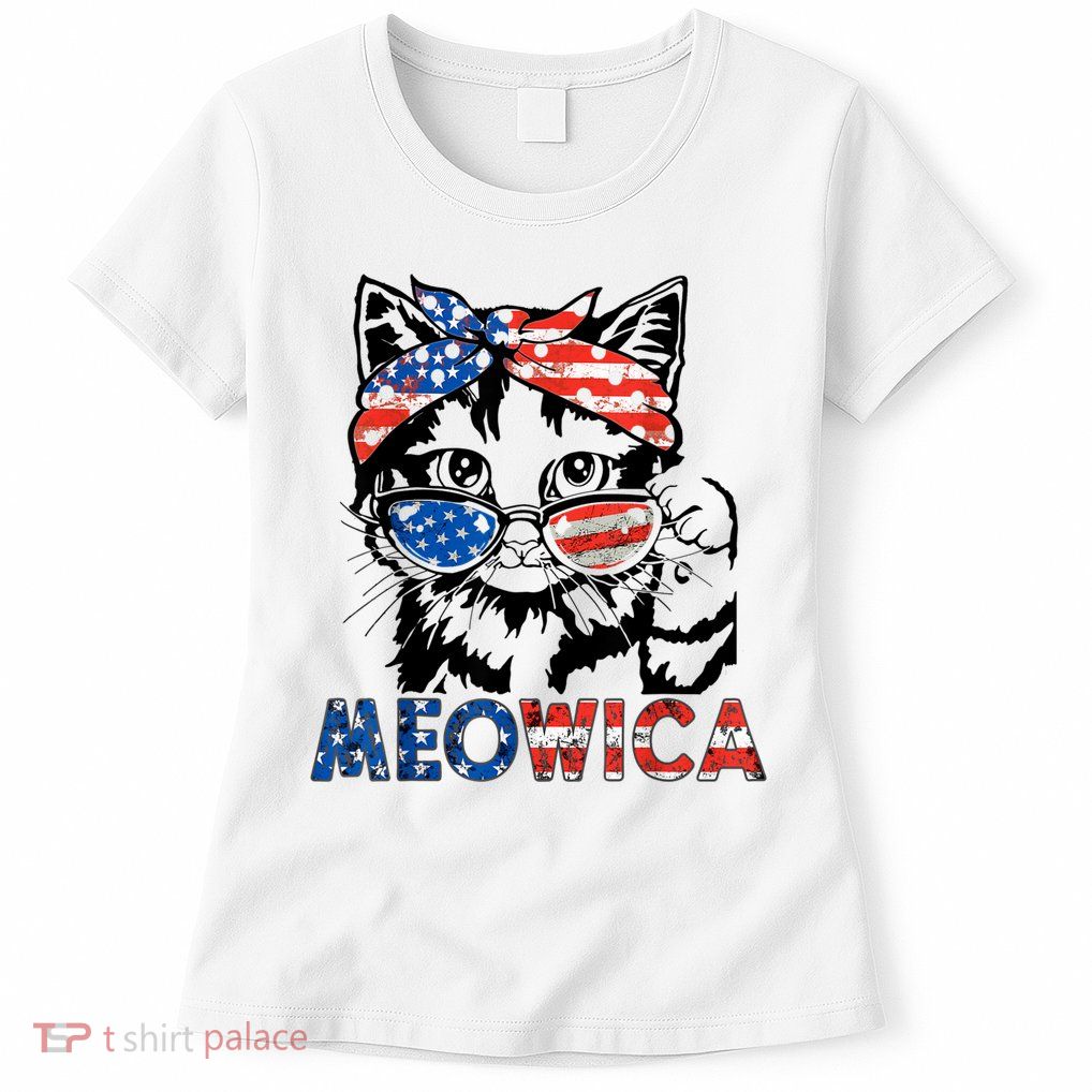 Meowica Cat Sunglasses American Flag 4th Of July Merica Usa Womens T-Shirt