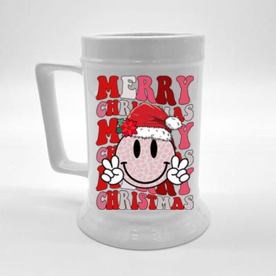 Merry Christmas Smile Face Santa Claus Hat Groovy Retro Gift Beer Stein