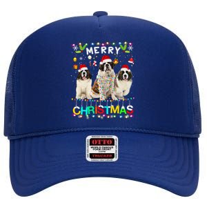 Merry Christmas Saint Bernard Gift Santa Hat Lights Xmas Gift High Crown Mesh Back Trucker Hat