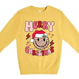 Merry Christmas Smile Face Santa Claus Hat Groovy Retro Great Gift Premium Crewneck Sweatshirt